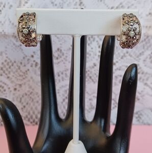 SILVER TONE MARCASITE FLORAL FILIGREE CLIP-ON HOOP EARRINGS UNMARKED